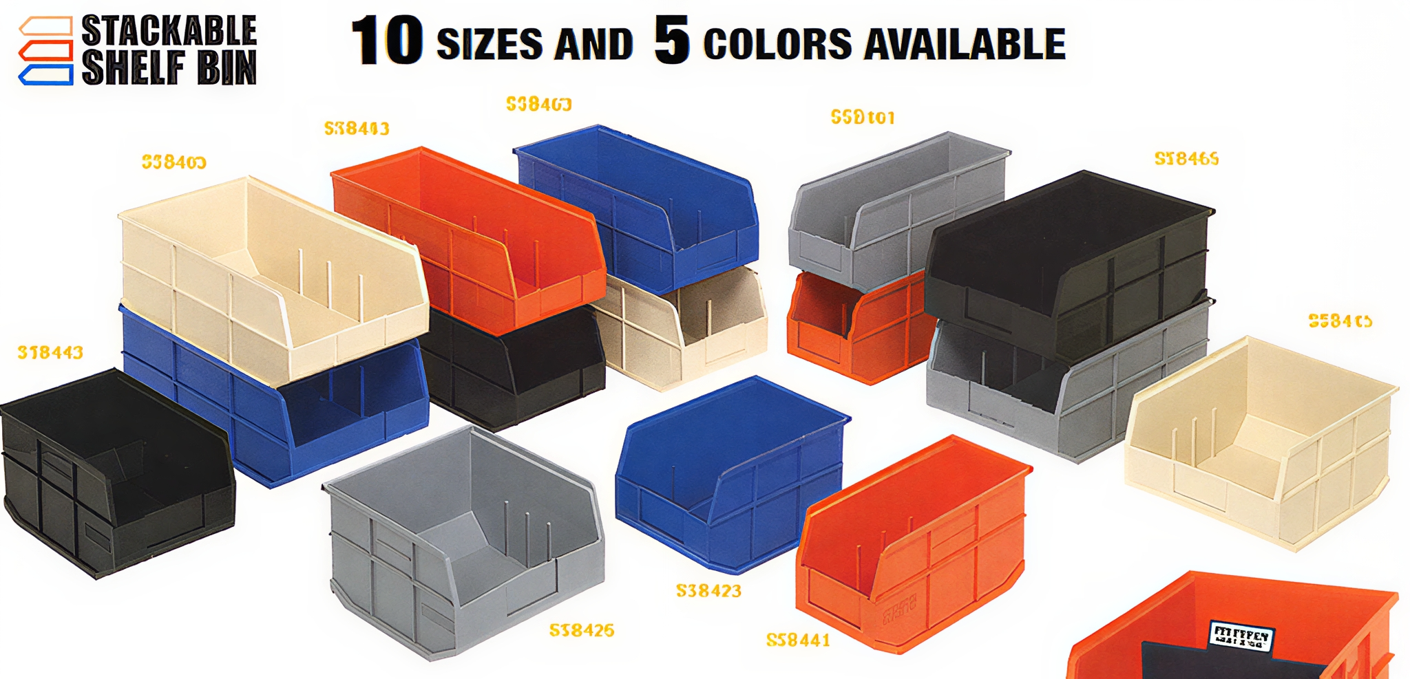 Various plastic storage bins in multiple sizes and colors.