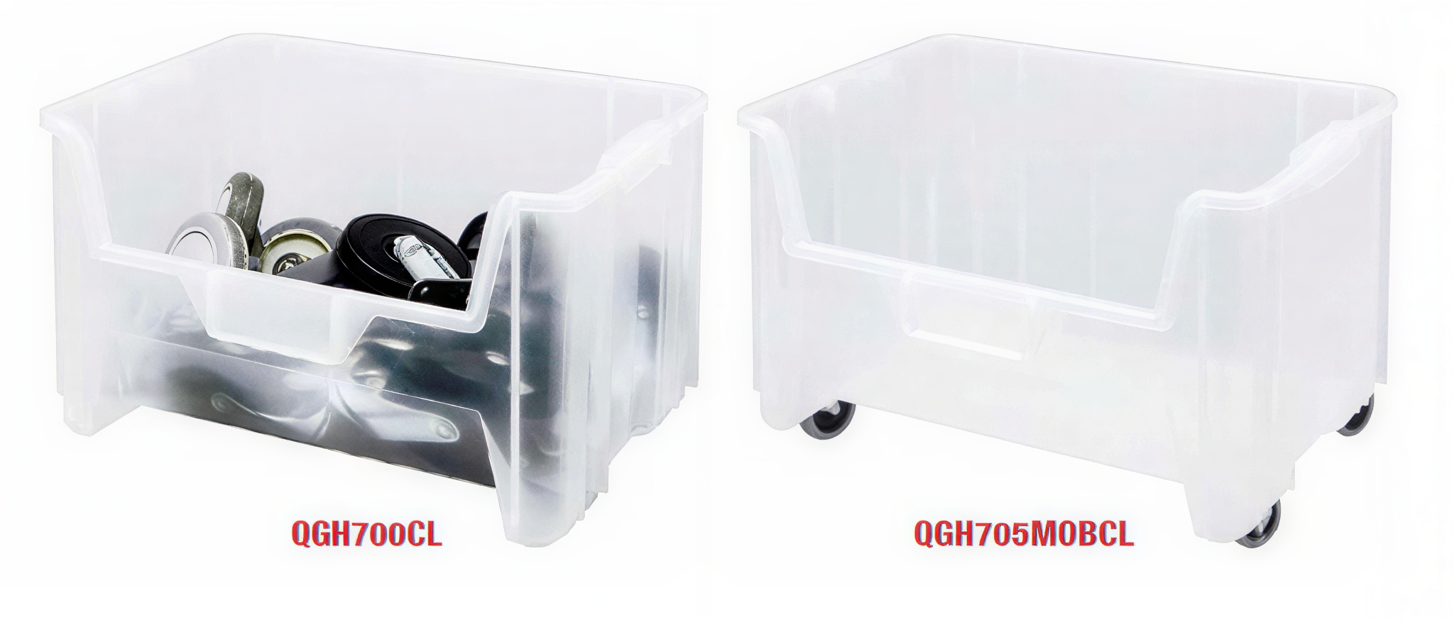 Two transparent plastic storage bins with wheels, one labeled Q67H05CL and the other Q67H05.