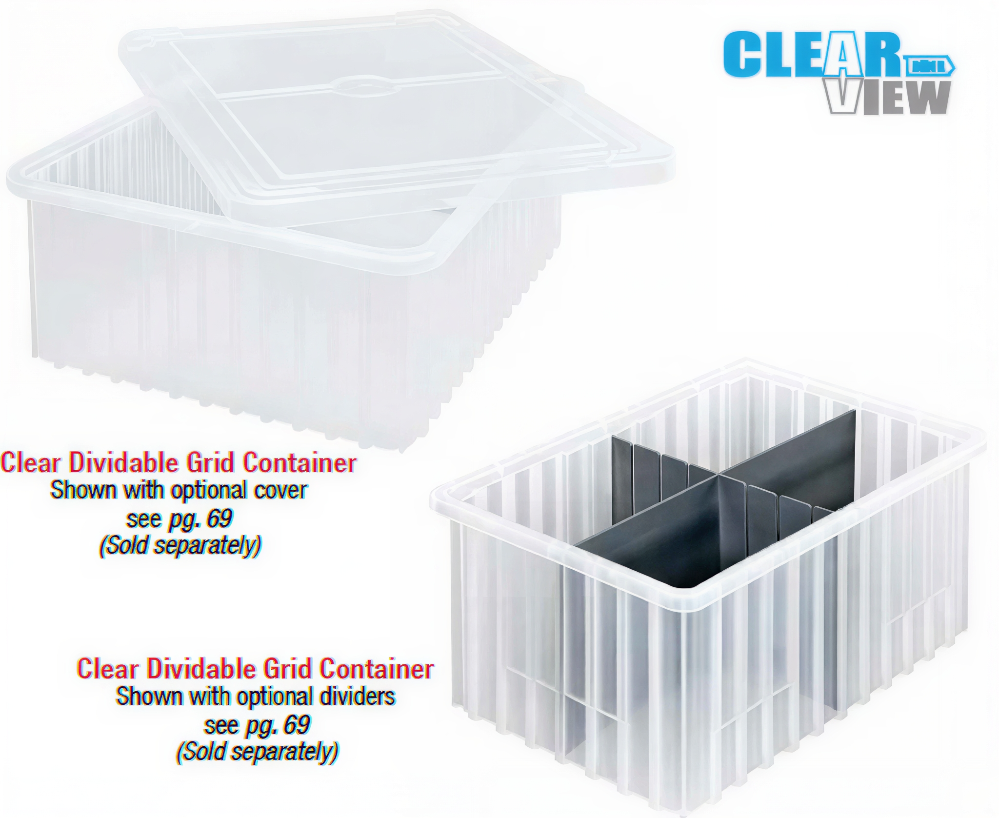 Clear plastic dividable grid container with optional cover for storage.