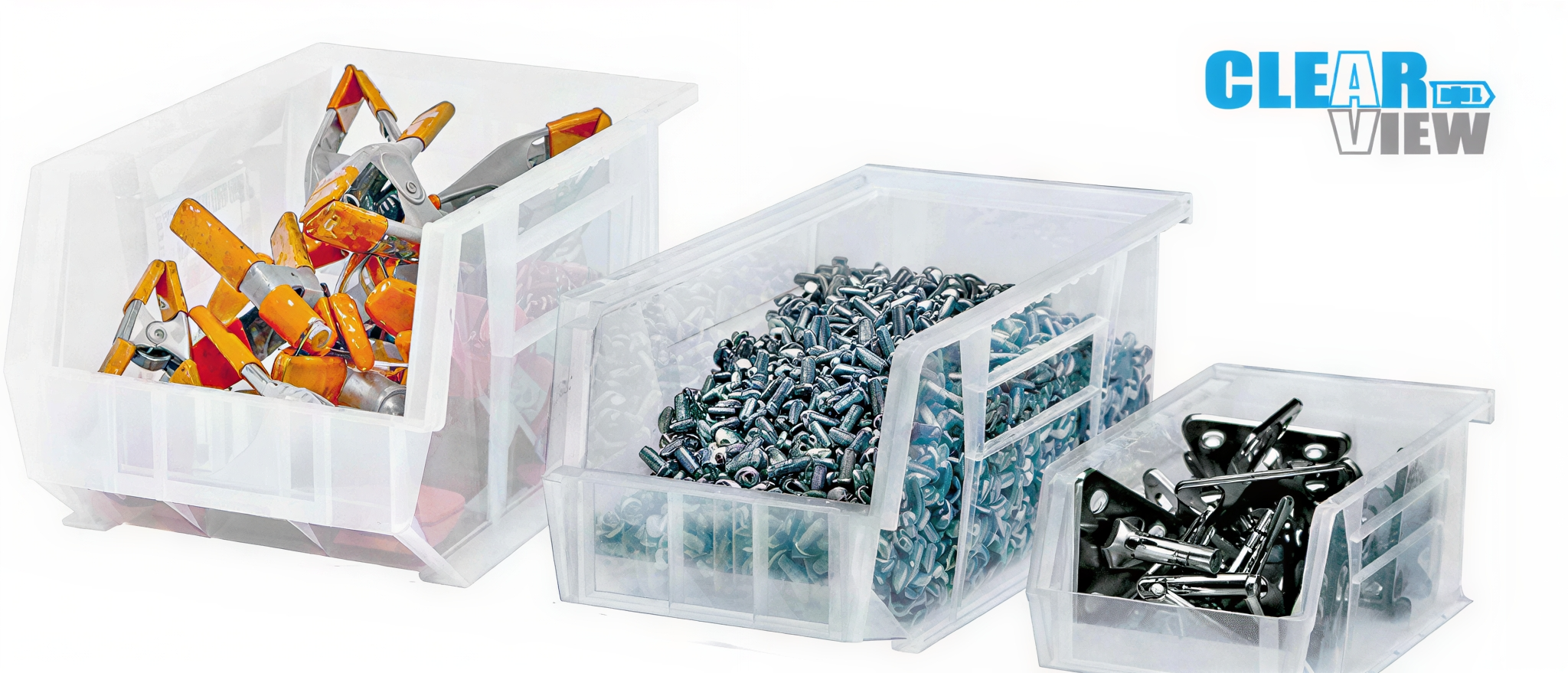 Clear plastic organizer bins filled with screws and small hardware items.