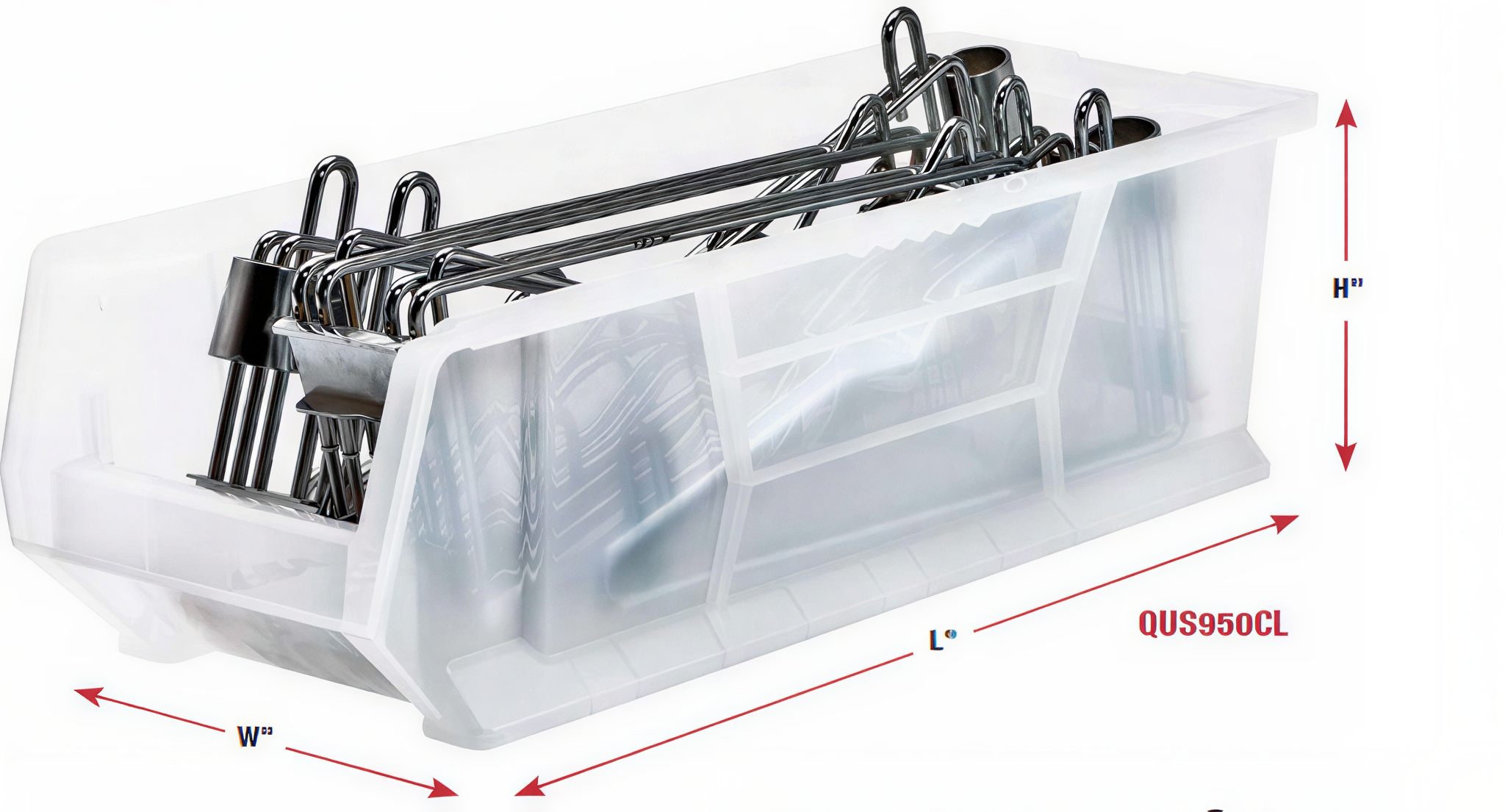 A transparent storage box with compartments and a metal rack on top.
