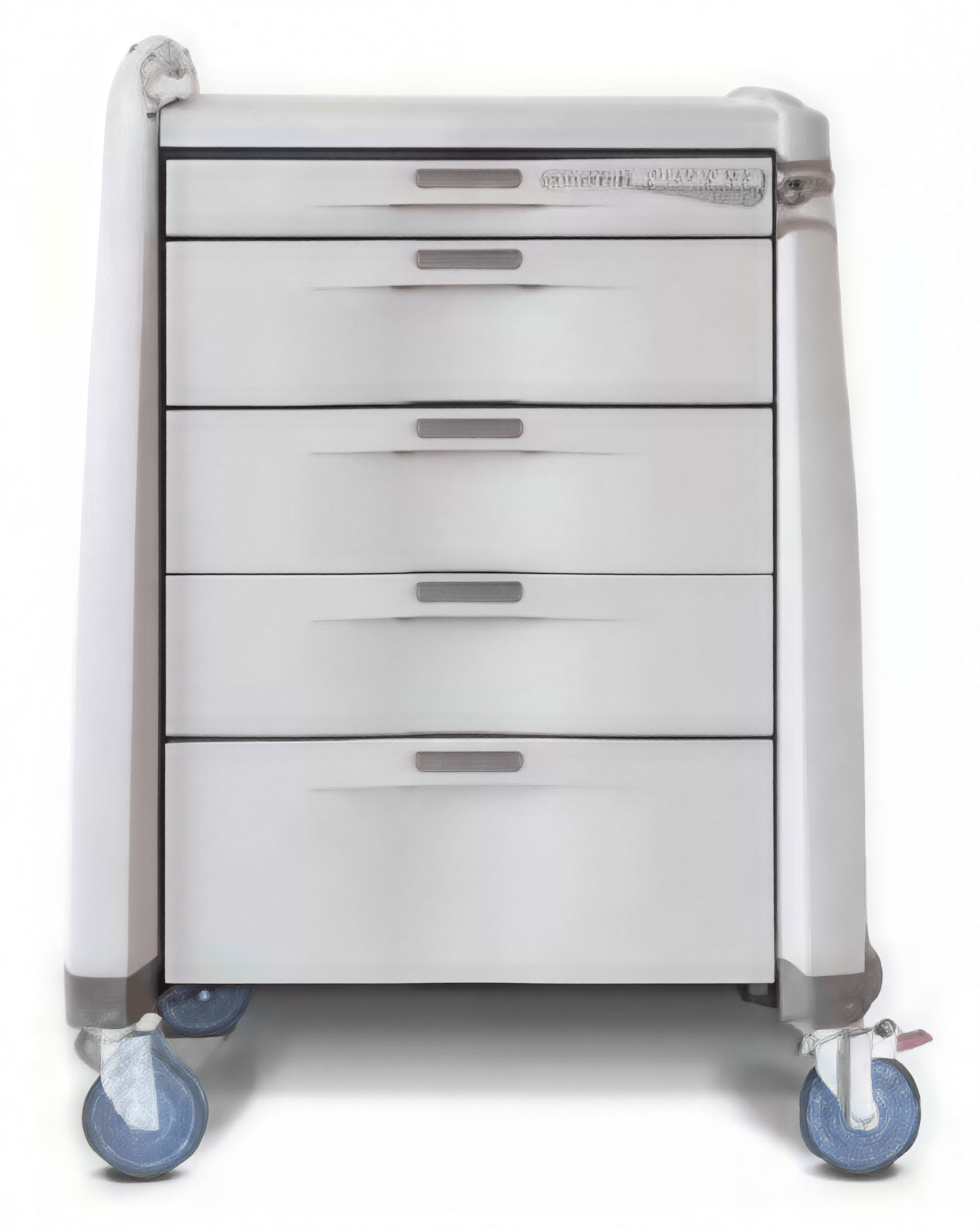 A white medical storage cart with multiple drawers and wheels.