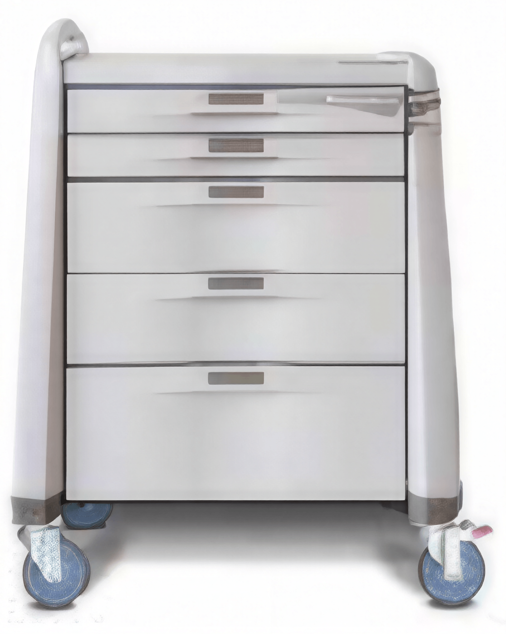 A white mobile storage cabinet with multiple drawers and wheels.