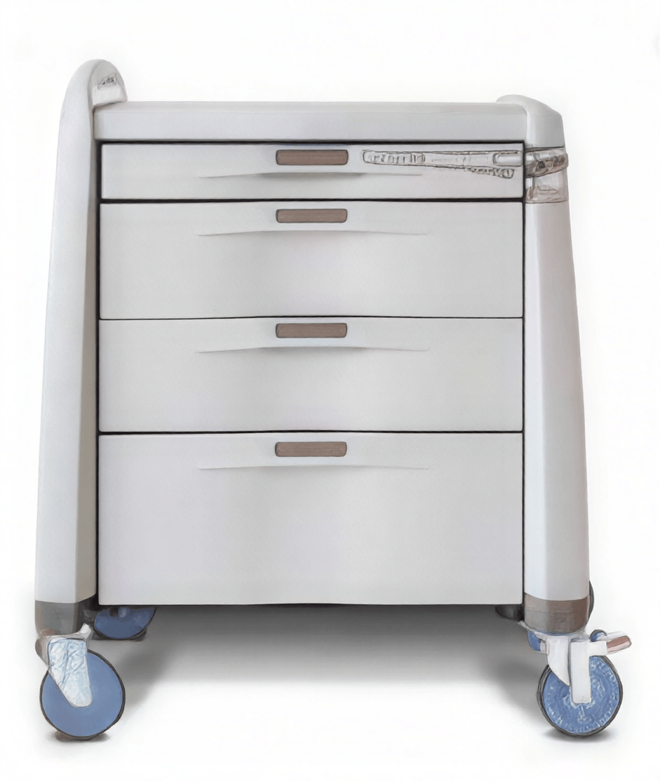 A white medical cart with three drawers and blue wheels.