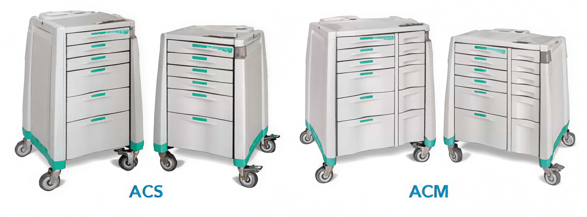 Two gray mobile medical carts with multiple drawers and wheels.