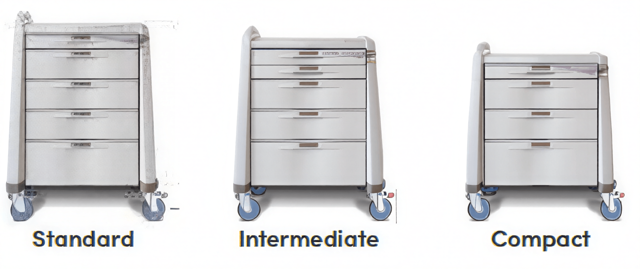 A modern medical cart with multiple drawers on wheels labeled Intermediate.