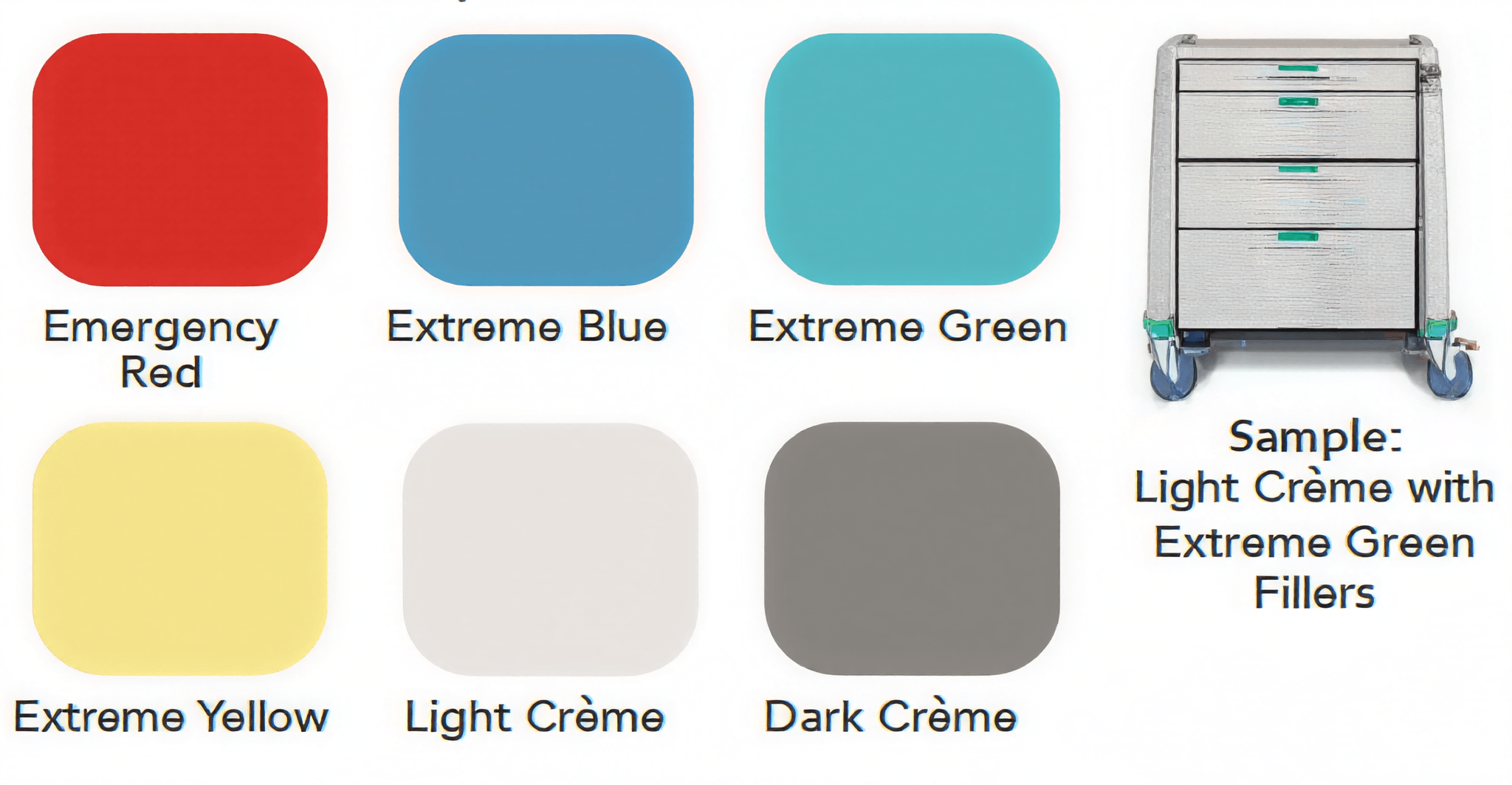 Four color swatches labeled Extreme Blue, Extreme Green, Light Crème, and Dark Crème.