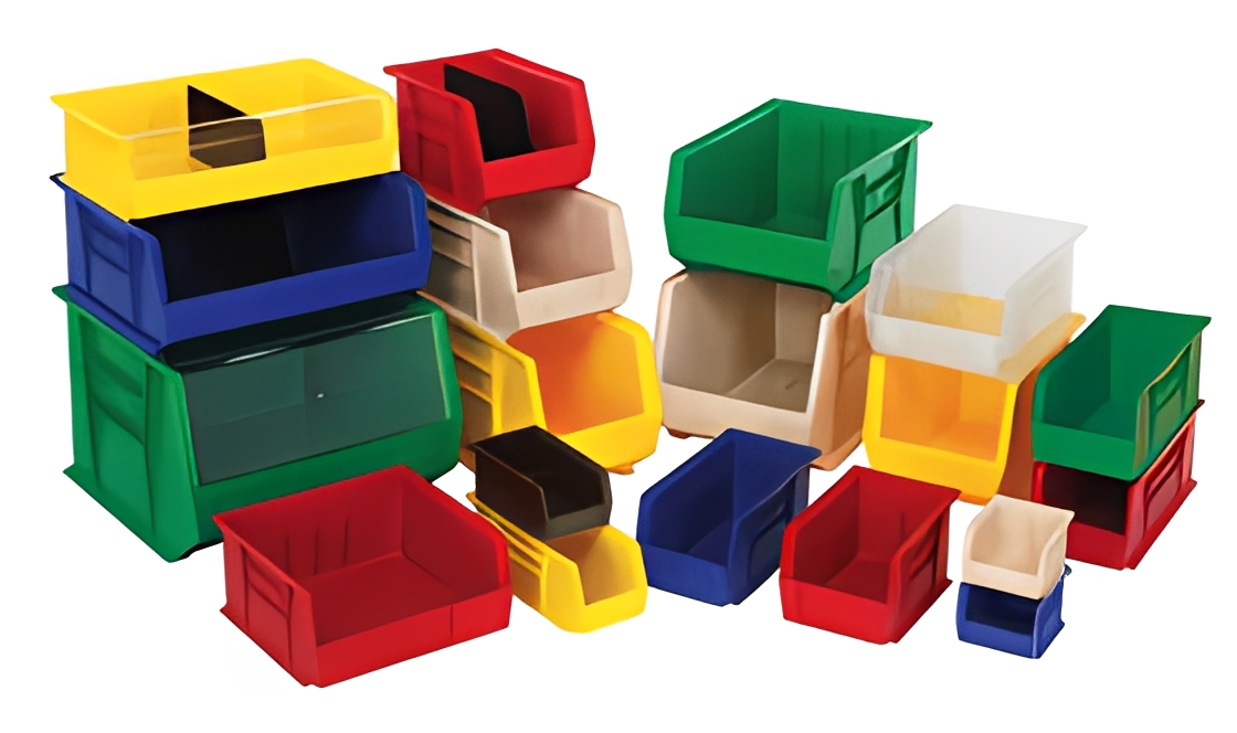 Various colorful plastic storage bins arranged together.