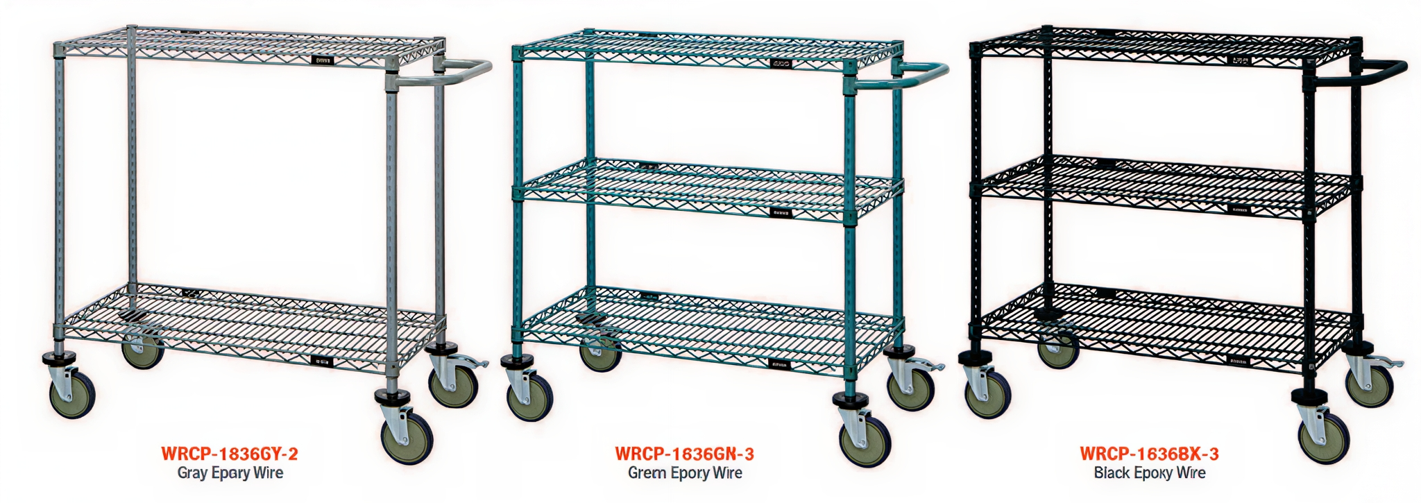Three-tier green epoxy wire utility cart with wheels.