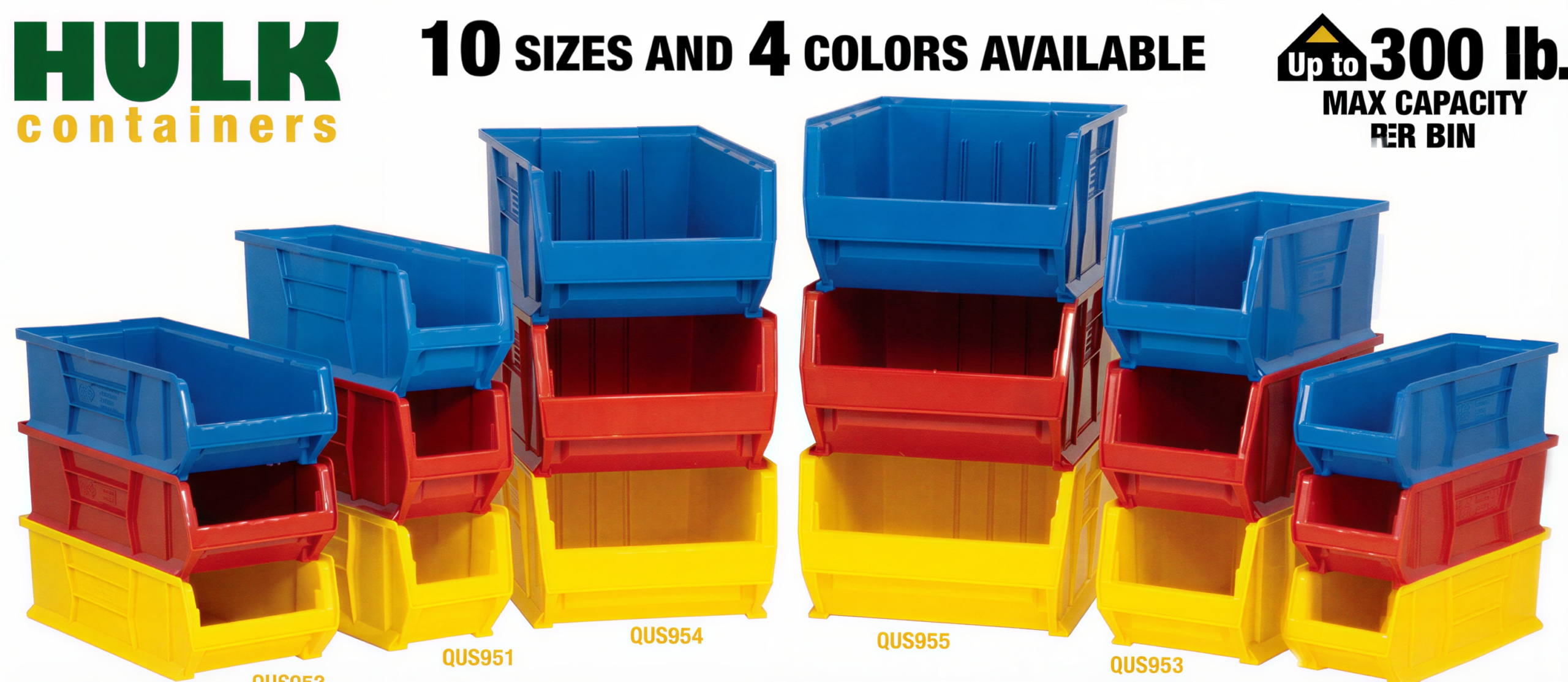 Stacked plastic storage bins in blue, red, and yellow, available in various sizes.