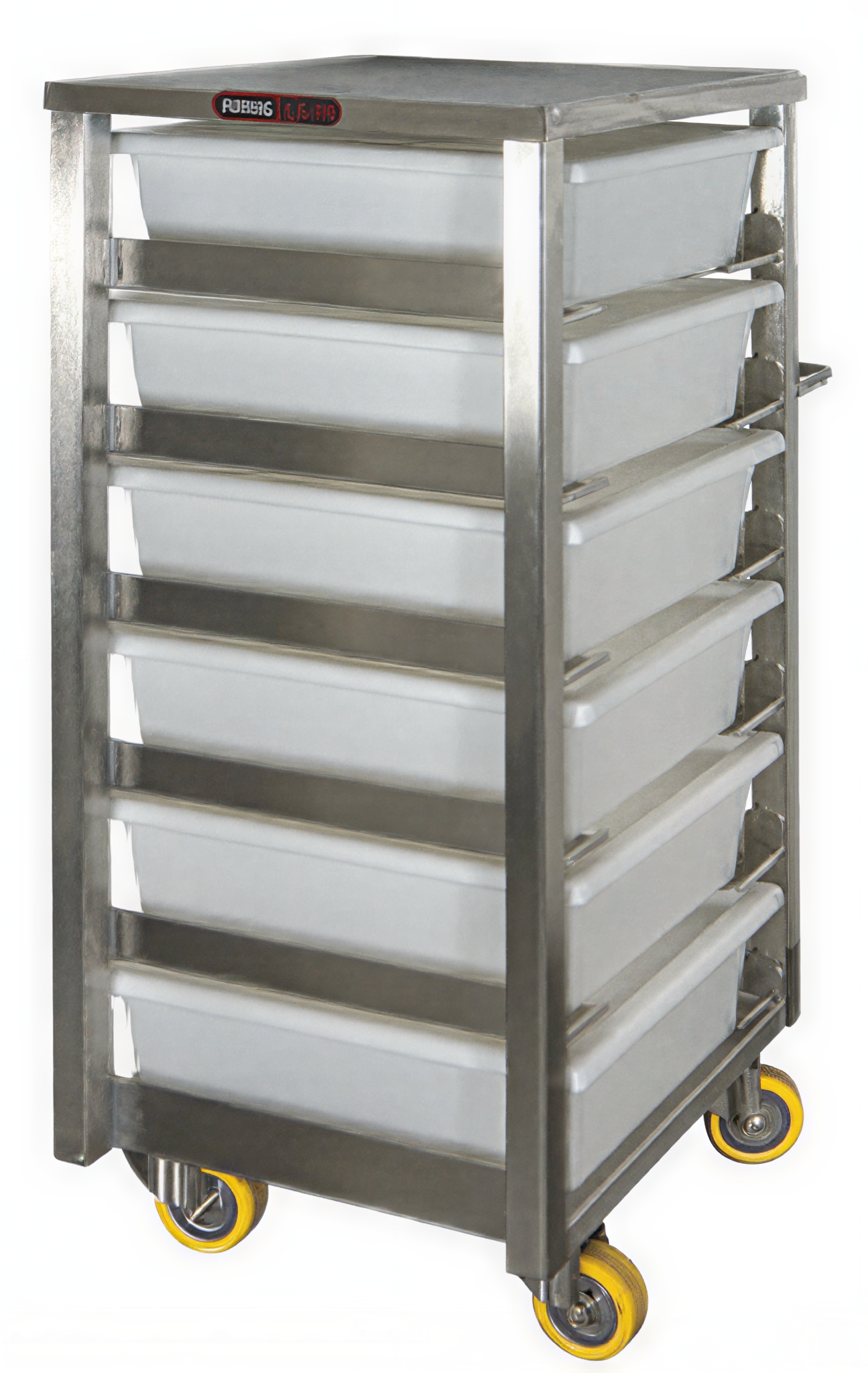 A tall metal storage rack with multiple trays on wheels.