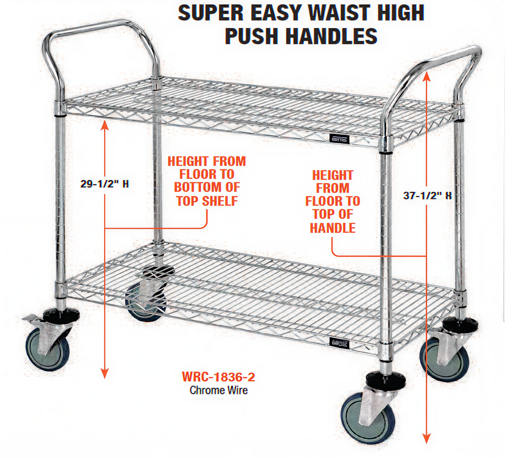 Heavy-duty utility cart with push handles and sturdy wheels.