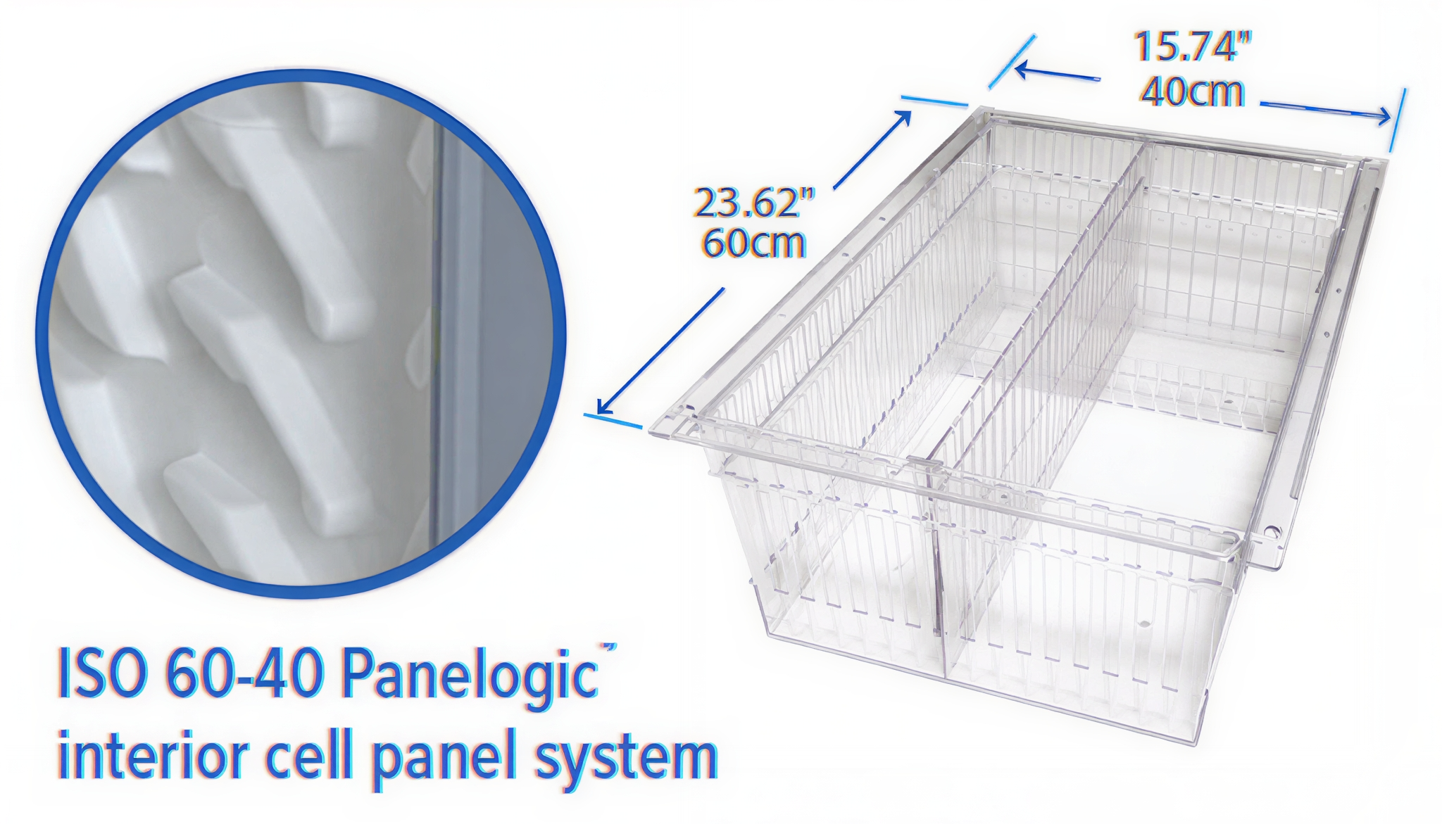 Clear plastic 3D panel with detailed dimensions for cell panel system.