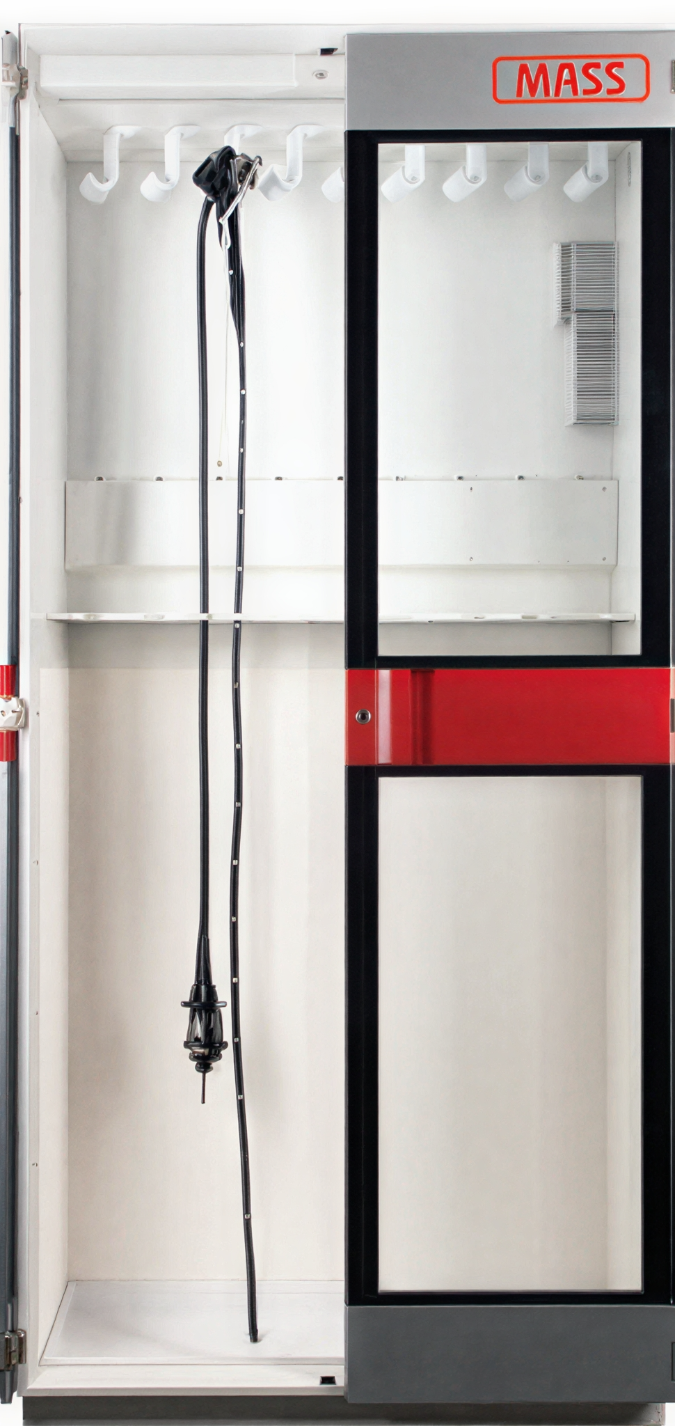 Modern white and red room with minimalist design and cables hanging.