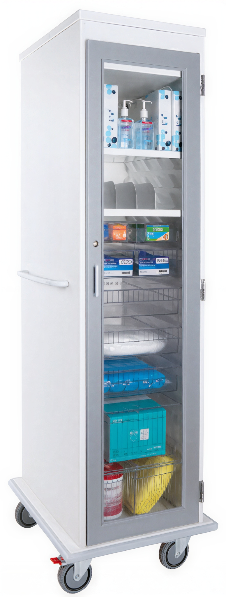 Medical refrigerator storing vaccines and medical supplies.