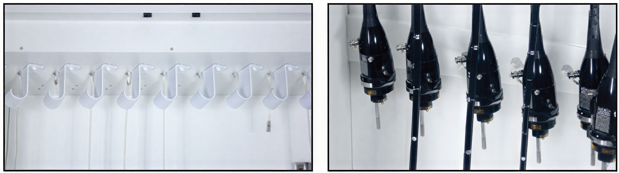 Wall-mounted rack holding four white mugs with a coffee machine spout.