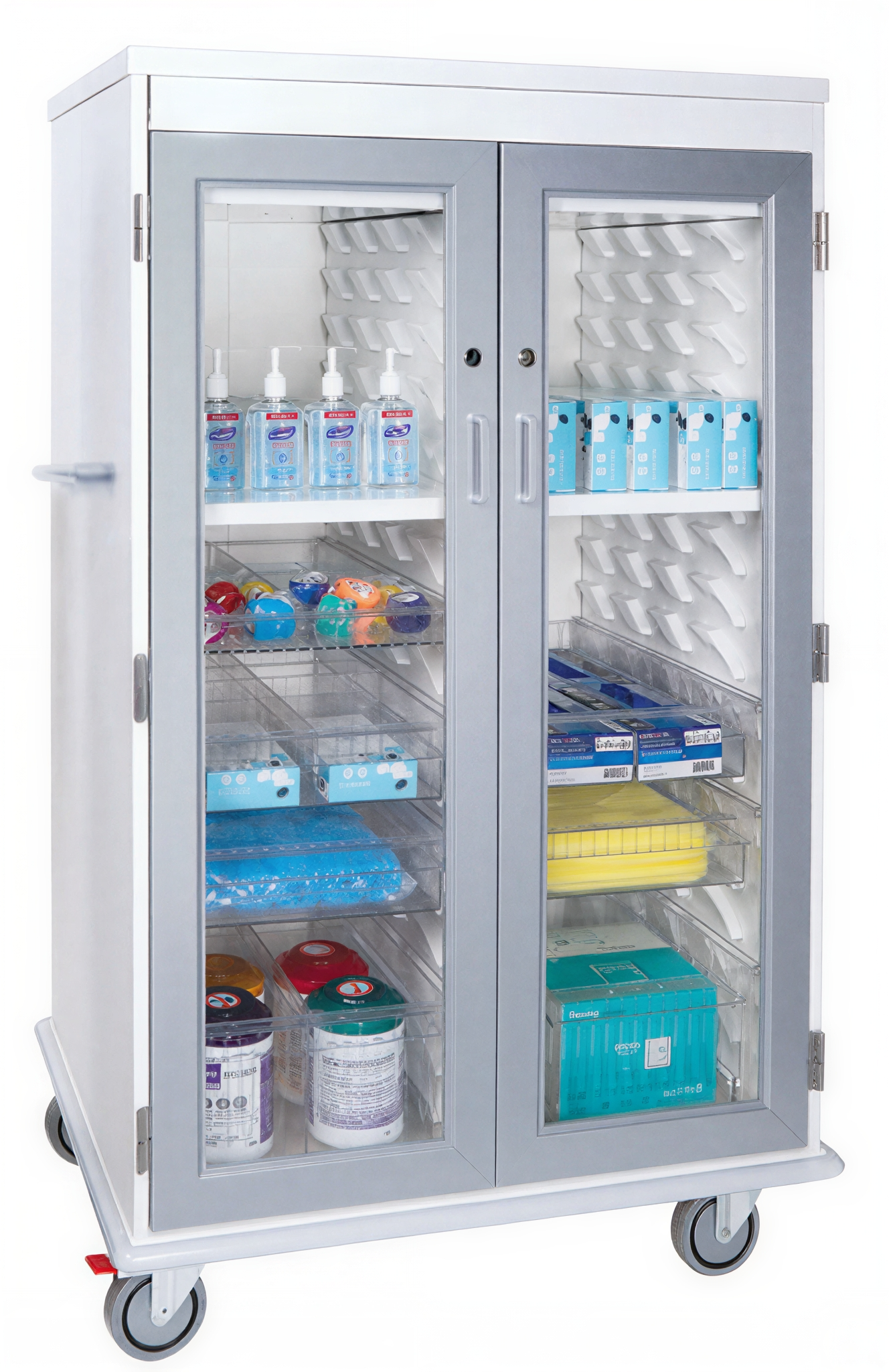 Medical refrigerator stocked with vaccines and supplies.