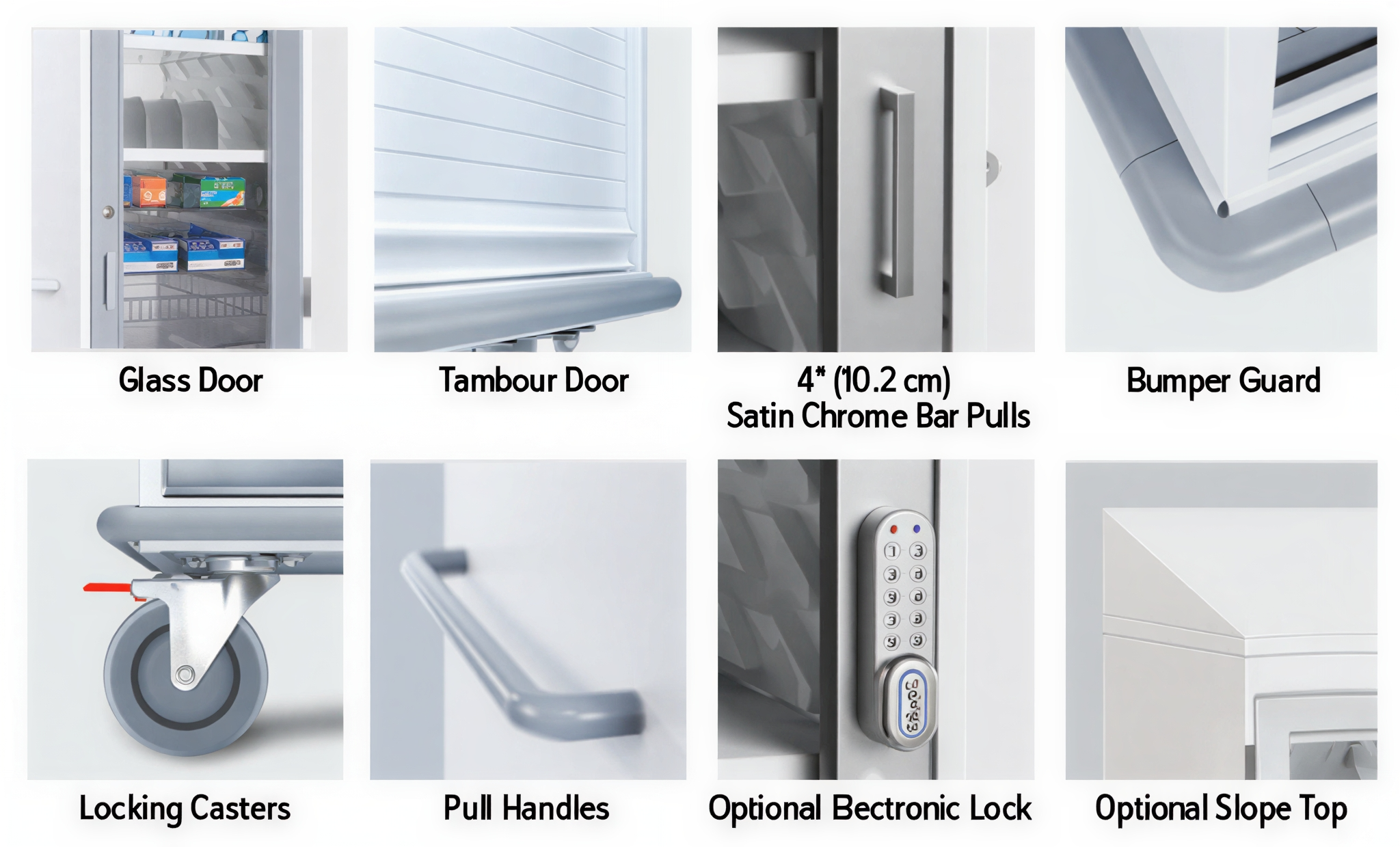 Modern kitchen cabinet hardware with satin chrome bar pulls and optional electronic lock.