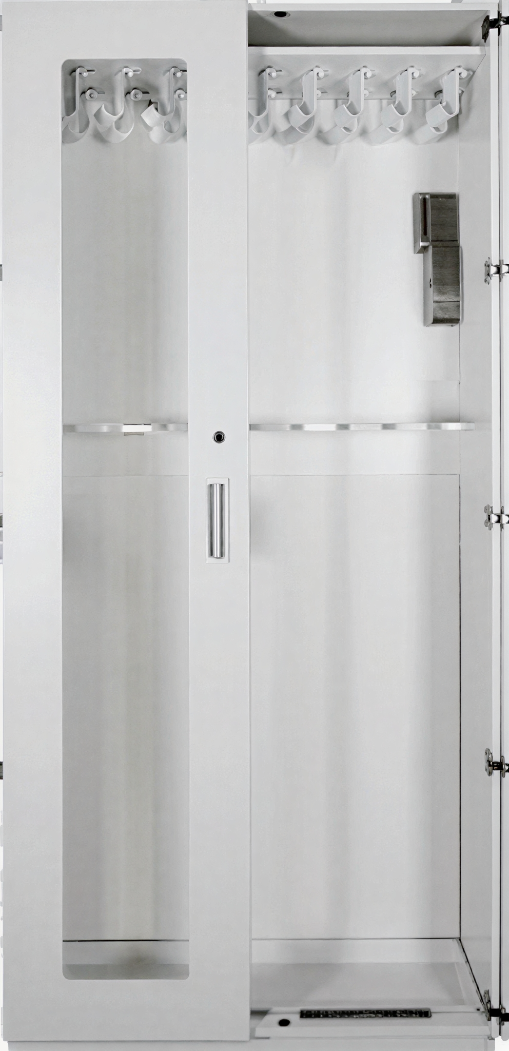 White modern bathroom shower with sliding glass door and chrome handles.