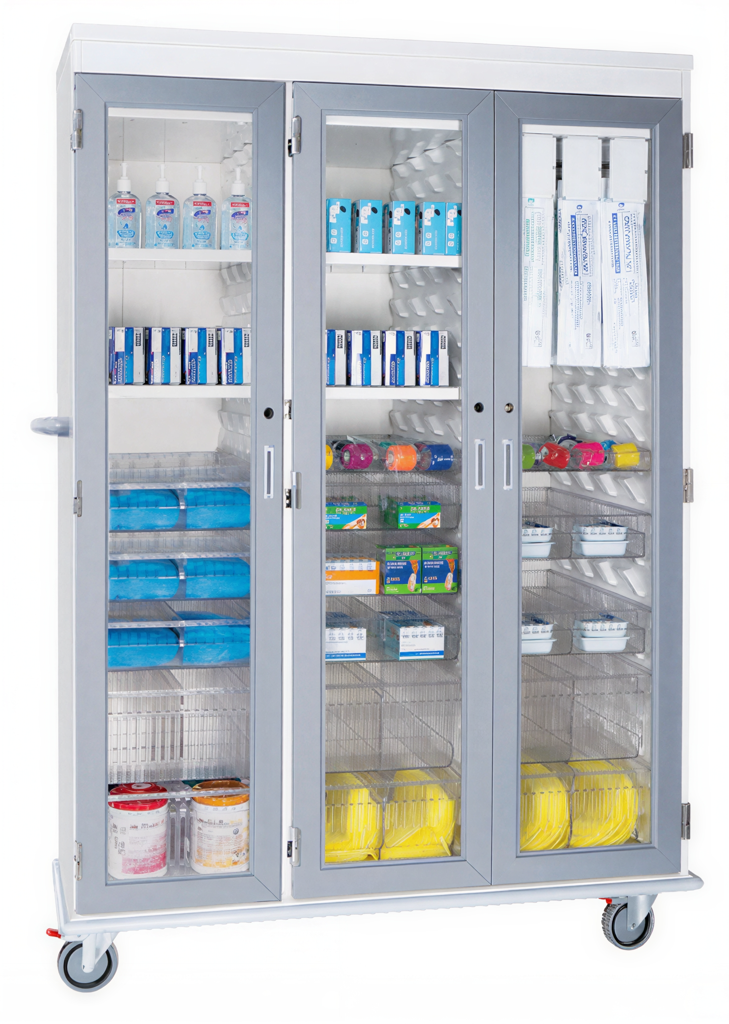 A well-organized medical supply cabinet with various medications and equipment.