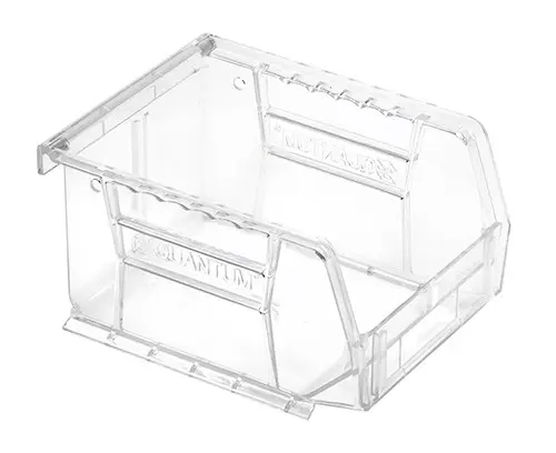 Clear plastic storage bin with handles for organizing.