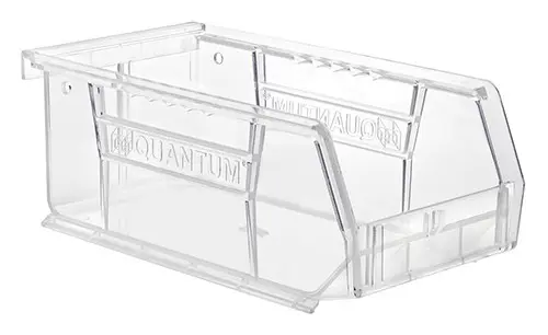 Clear plastic organizer container with compartments for storage.