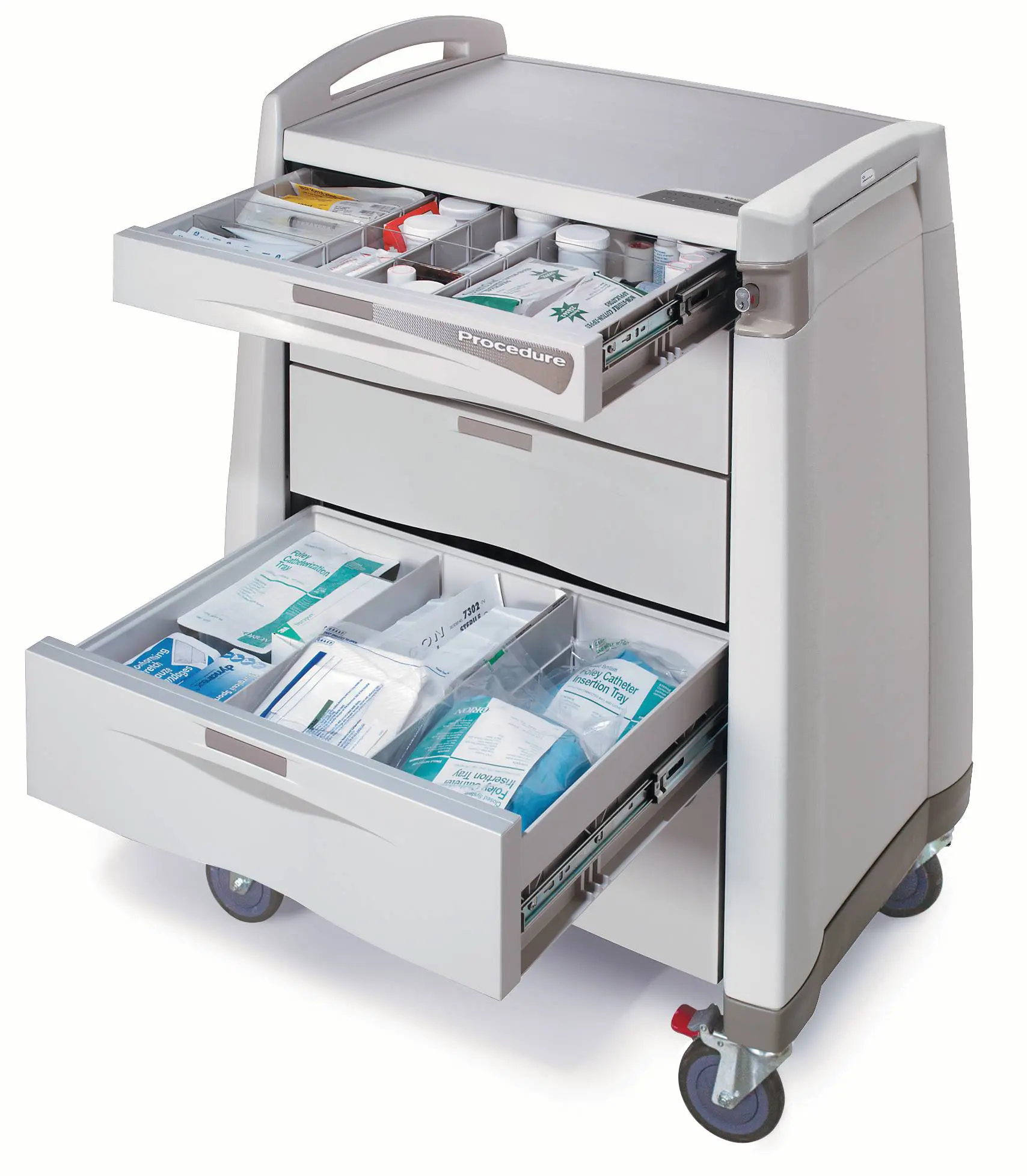 Medical supply cart with open drawers