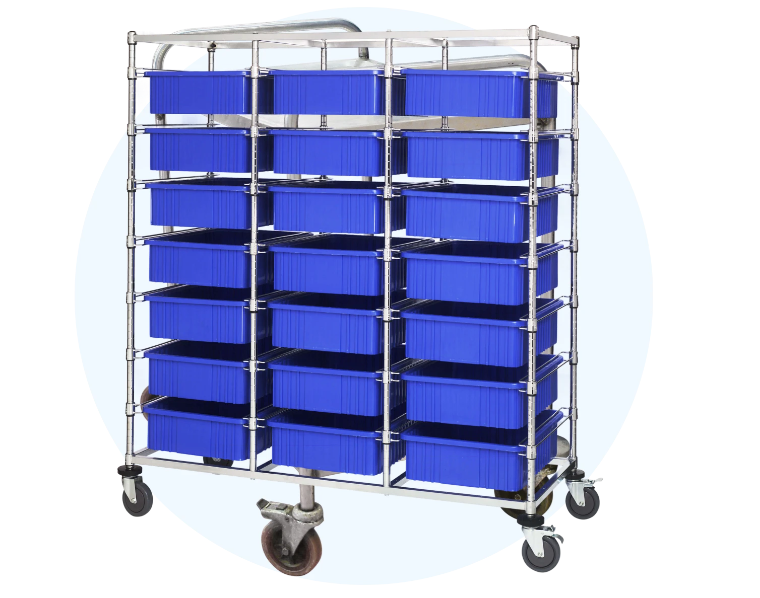 Industrial cart with multiple blue trays