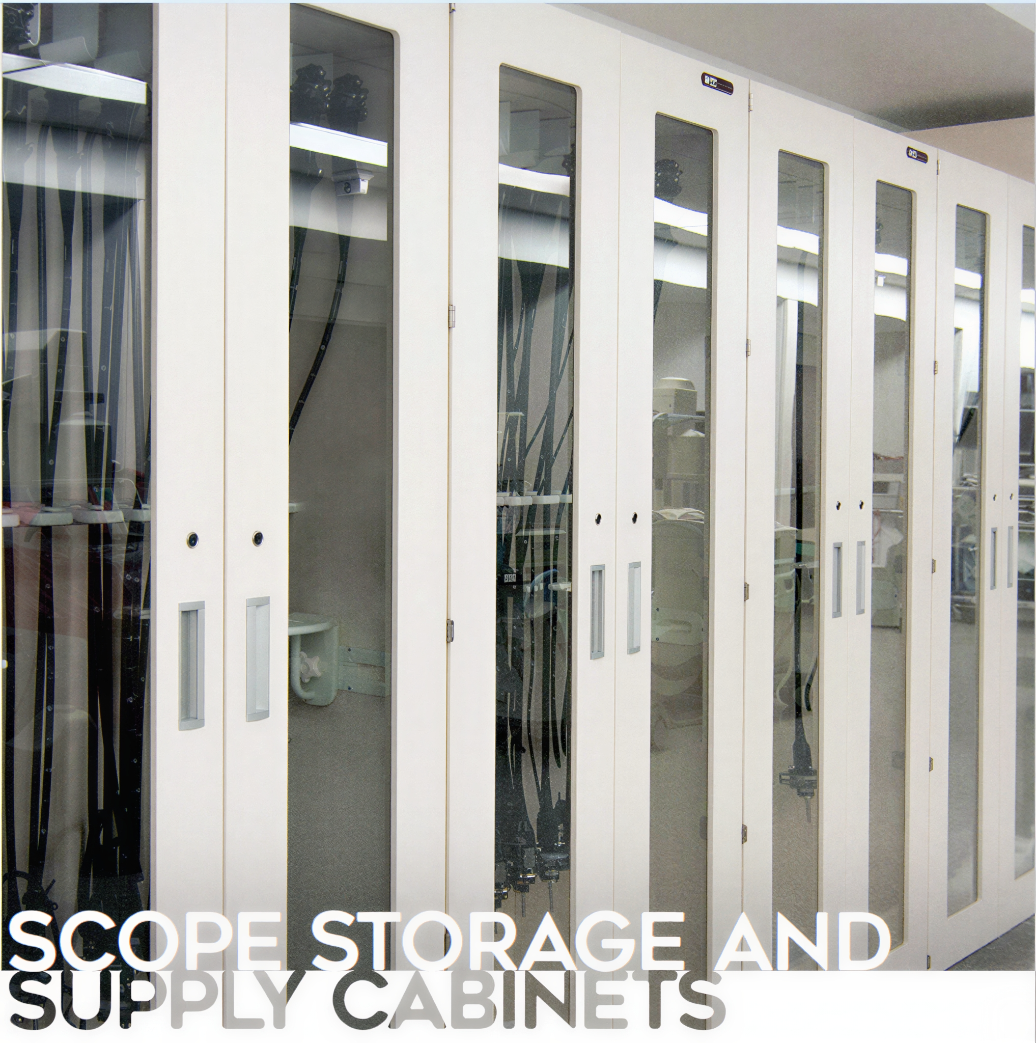 White storage cabinets with glass doors in an organized room.