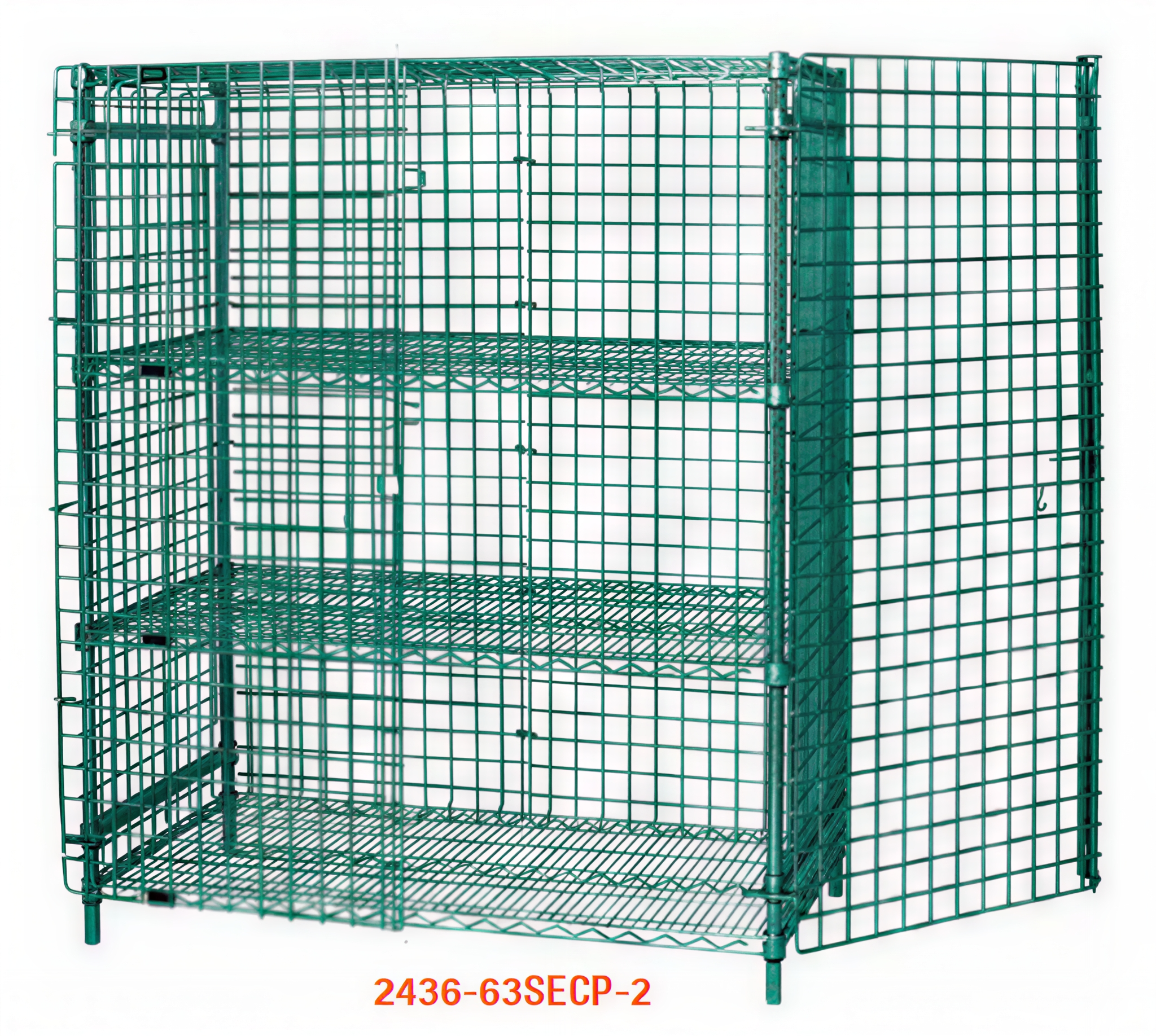 Green metal wire mesh storage cabinet with shelves and a door.