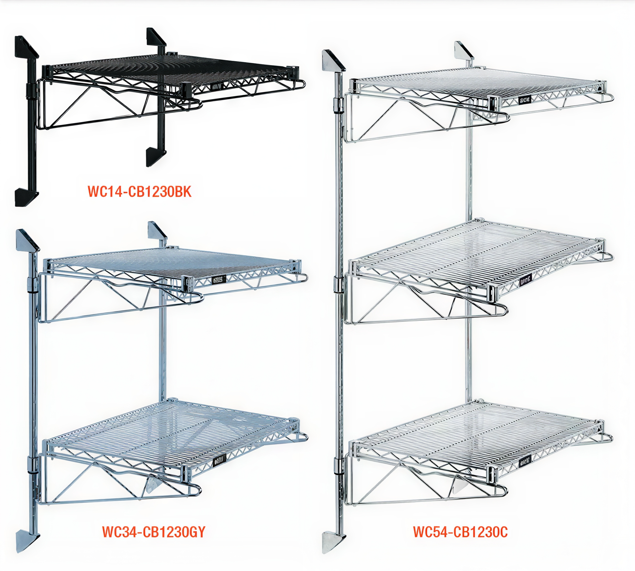 Adjustable wire shelving units with metal frames in black and silver.