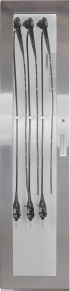 White metal storage rack with four shelves and wheels.