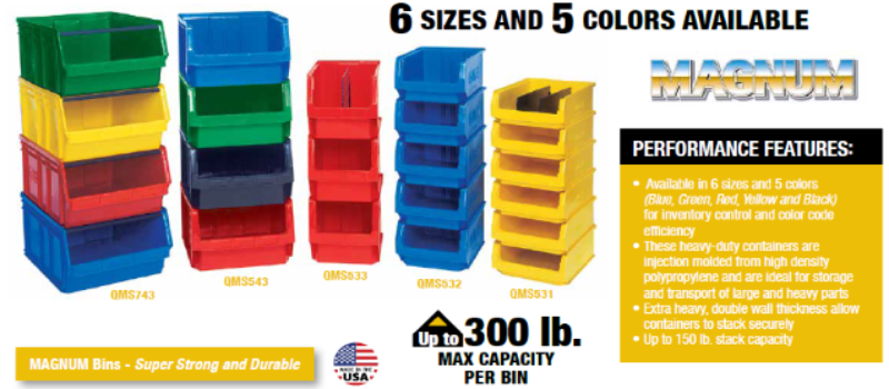 Colorful plastic storage bins in multiple sizes and colors.