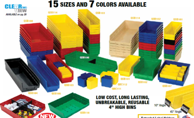 Colorful plastic storage bins in various sizes and colors for organizing.