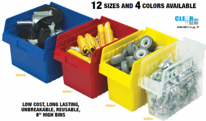 Colorful durable plastic storage bins in blue, red, and yellow.