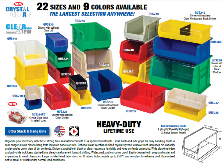 Various sizes and colors of heavy-duty storage bins for versatile organization.