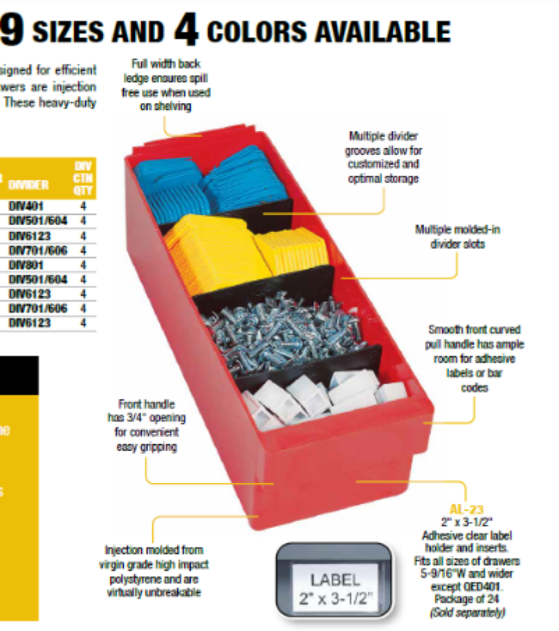 Red plastic organizer with compartments for screws and labels.