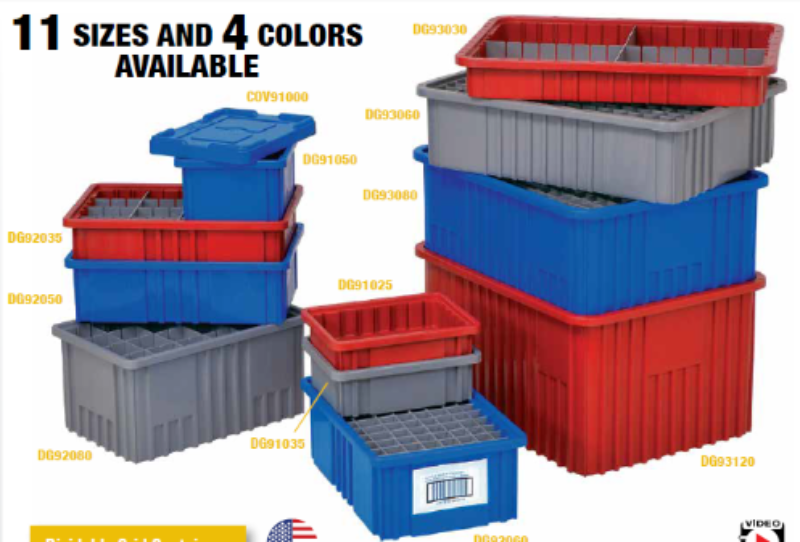 Stacked plastic storage bins in red, blue, gray, and black with label holders.
