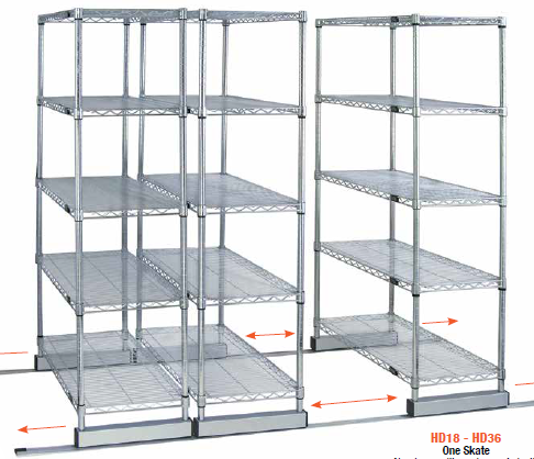 A large metal wire storage cage with wheels for mobility.