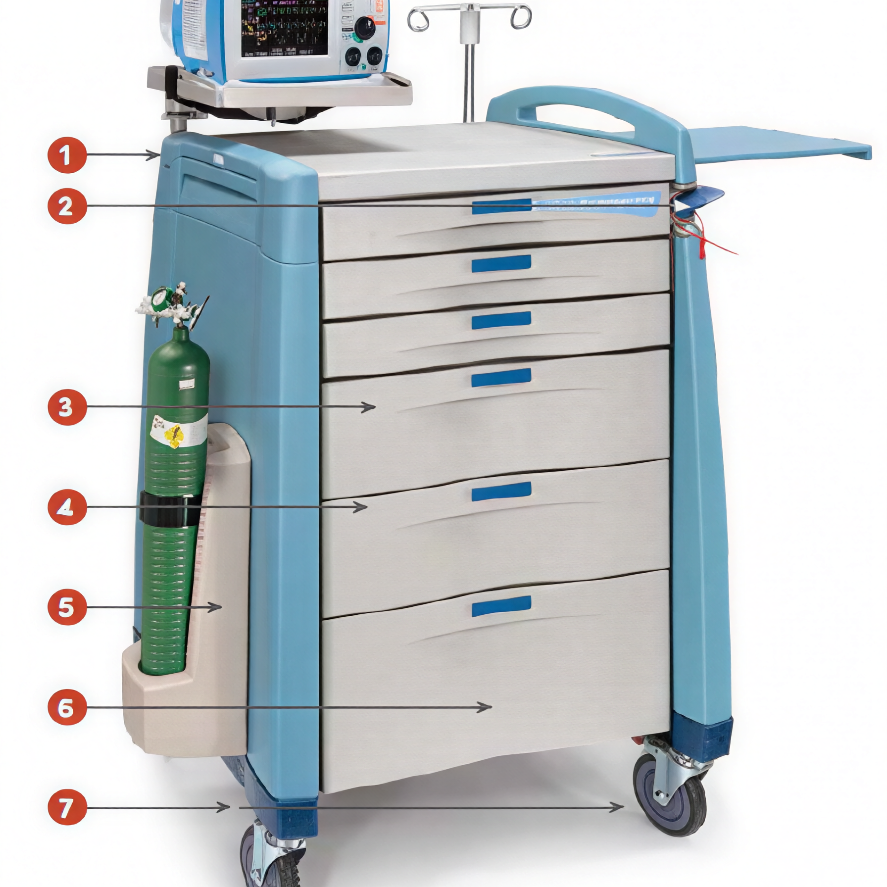 Medical crash cart with multiple drawers and attached oxygen tank.